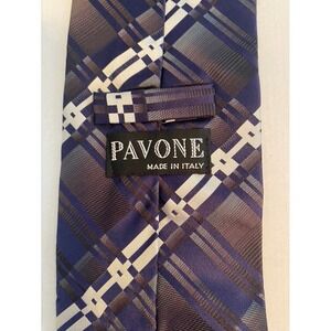 Pavone Mens Silk‎ Tie Purple Grey Plaid Geometric Hand Made in Italy Necktie